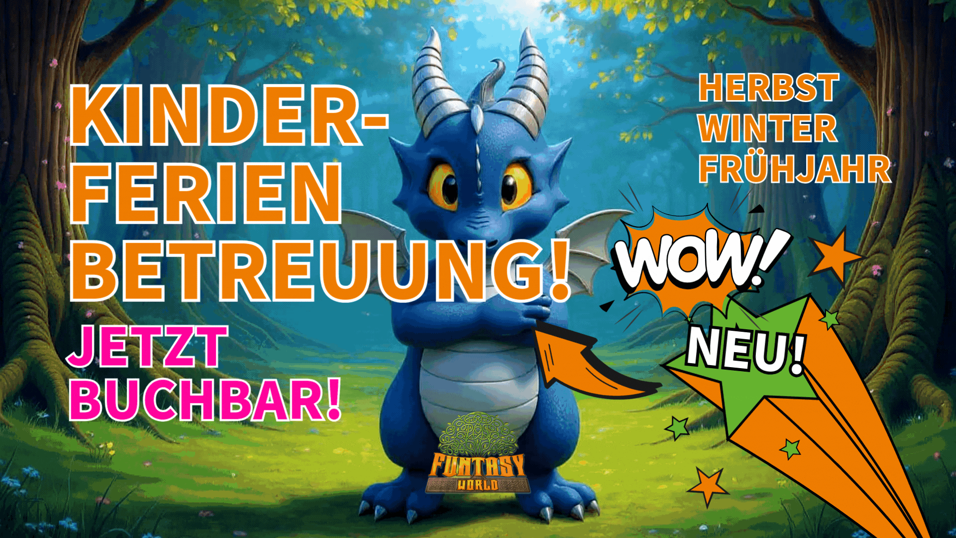 Ein winkender Drache im Wald - es ist schlechtes Wetter - Text: 3.-14.9. 20 Prozent auf alle Tickets